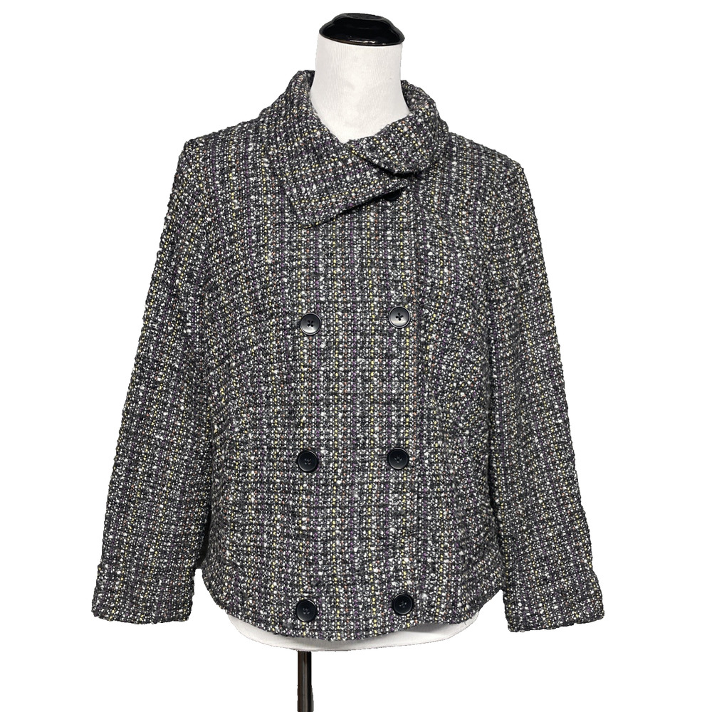 Gap Women L Cropped Mottled Tweed Peacoat Jacket Gray Purple Yellow Dbl Breasted